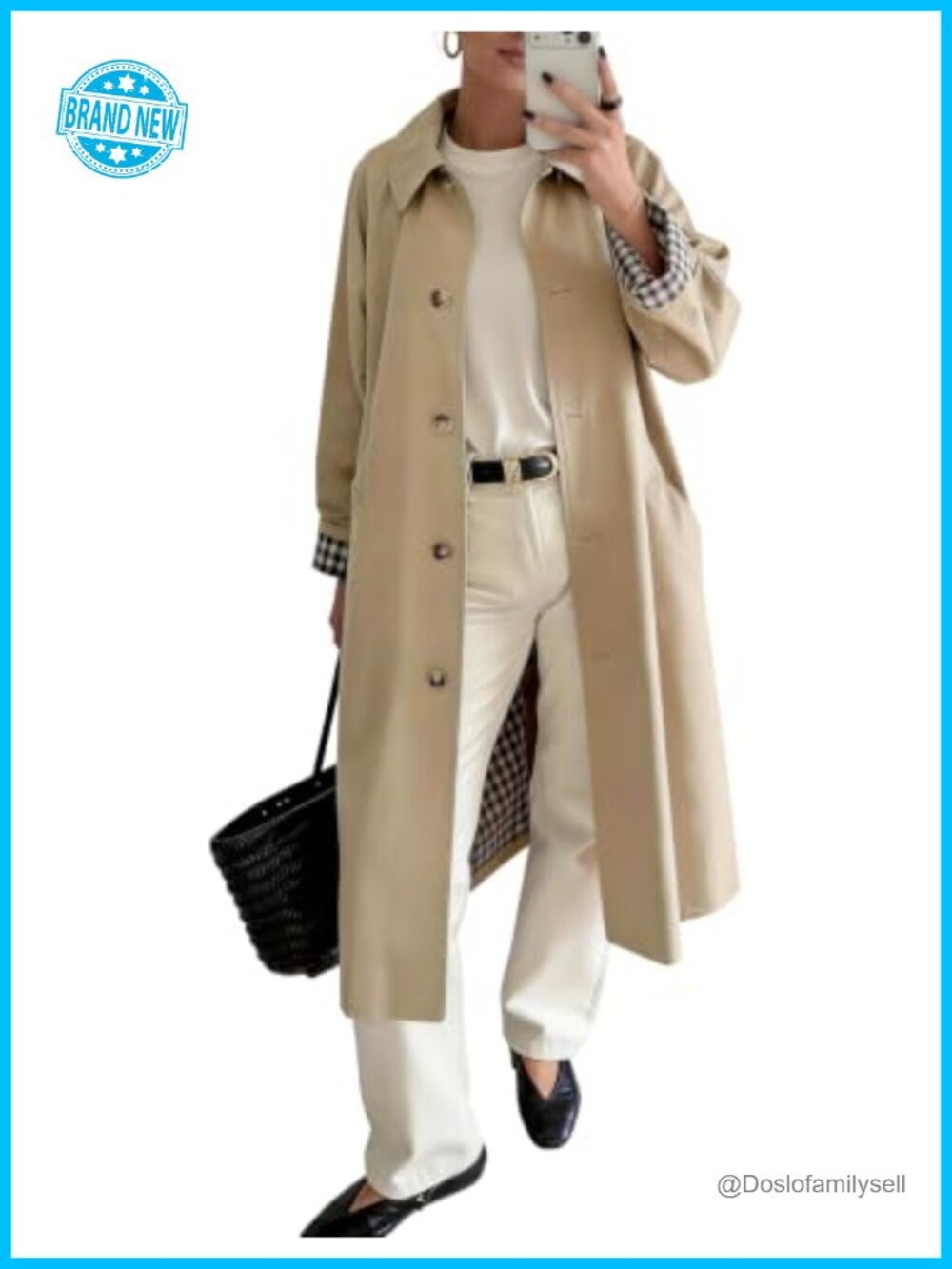 Women's Long Trench Coat Windproof Plaid Lining Oversized Overcoat